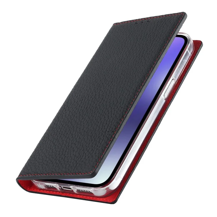 For iPhone 14 RFID Blocking Card Slot Wallet Phone Case Litchi Texture Genuine Leather Stand Auto-absorbed Protective Cover - Black
