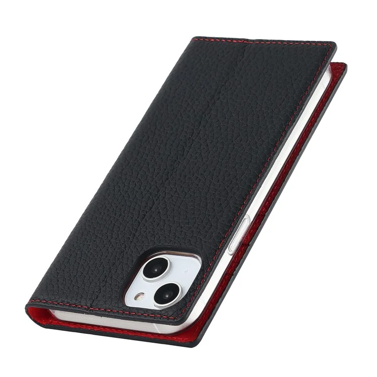 For iPhone 14 RFID Blocking Card Slot Wallet Phone Case Litchi Texture Genuine Leather Stand Auto-absorbed Protective Cover - Black