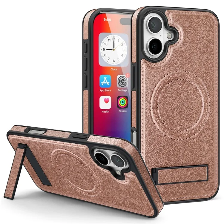 For iPhone 16 Plus Case Compatible with MagSafe Kickstand Leather Phone Back Cover  - Rose Gold
