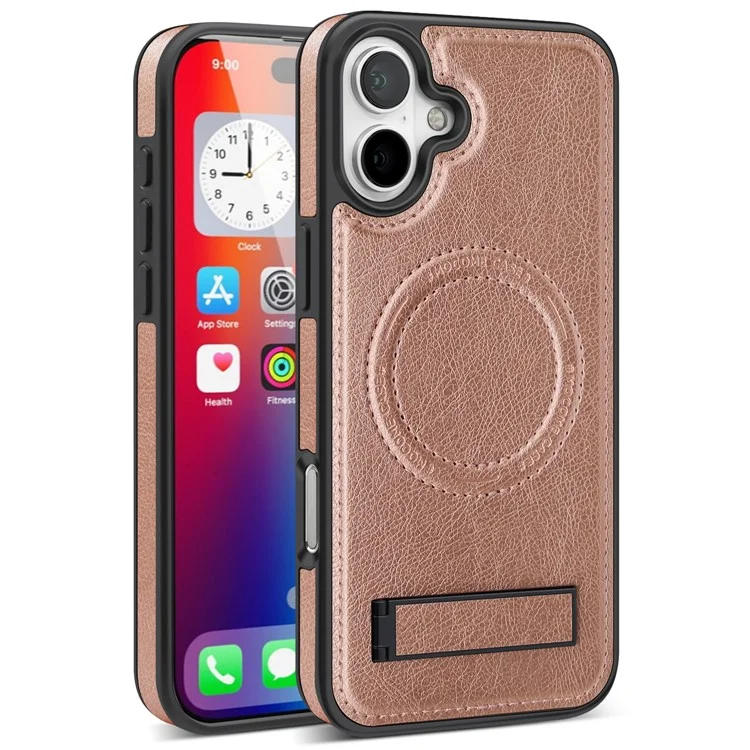 For iPhone 16 Plus Case Compatible with MagSafe Kickstand Leather Phone Back Cover  - Rose Gold