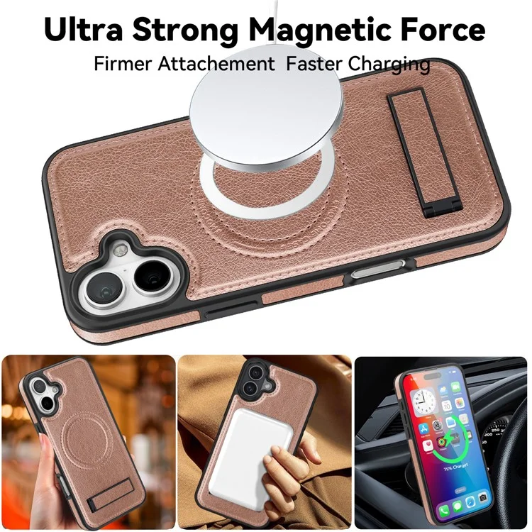 For iPhone 16 Plus Case Compatible with MagSafe Kickstand Leather Phone Back Cover  - Rose Gold