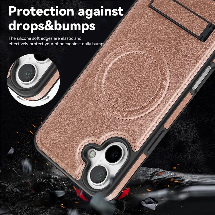 For iPhone 16 Plus Case Compatible with MagSafe Kickstand Leather Phone Back Cover  - Rose Gold
