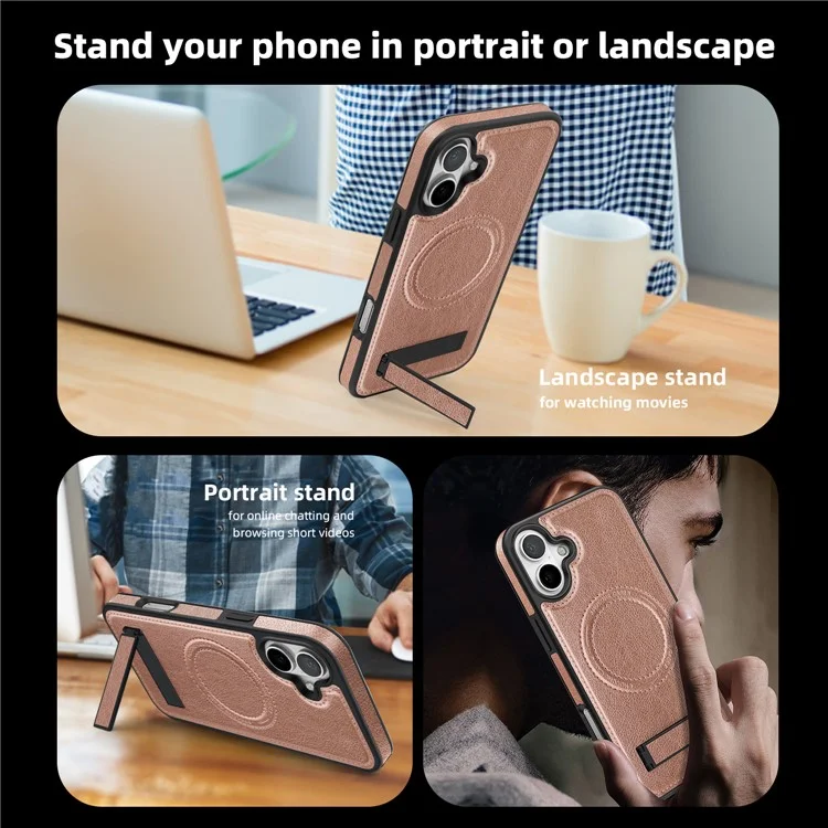 For iPhone 16 Plus Case Compatible with MagSafe Kickstand Leather Phone Back Cover  - Rose Gold