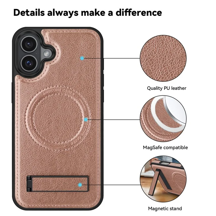 For iPhone 16 Plus Case Compatible with MagSafe Kickstand Leather Phone Back Cover  - Rose Gold