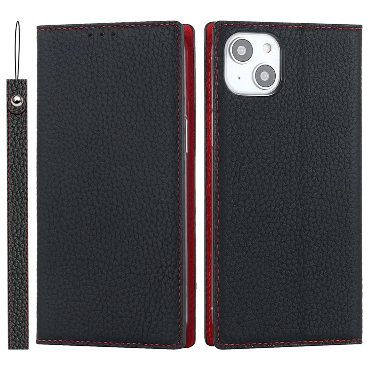Cell Phone Case Wallet for iPhone 14 Plus, Litchi Texture Genuine Leather Stand RFID Blocking Auto-absorbed Protective Cover - Black