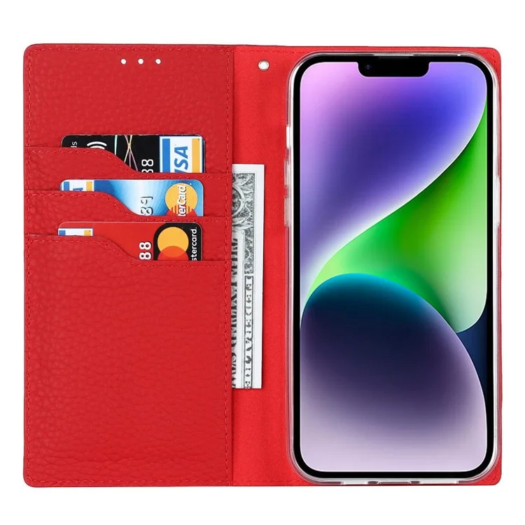 Cell Phone Case Wallet for iPhone 14 Plus, Litchi Texture Genuine Leather Stand RFID Blocking Auto-absorbed Protective Cover - Black