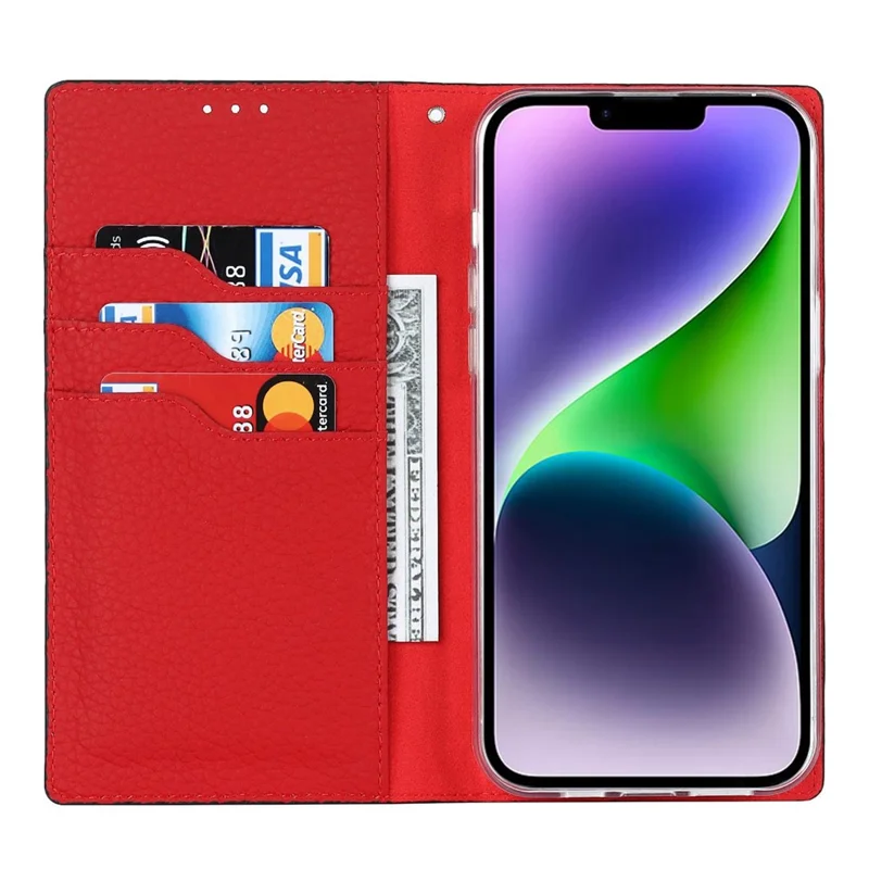 Cell Phone Case Wallet for iPhone 14 Plus, Litchi Texture Genuine Leather Stand RFID Blocking Auto-absorbed Protective Cover - Red