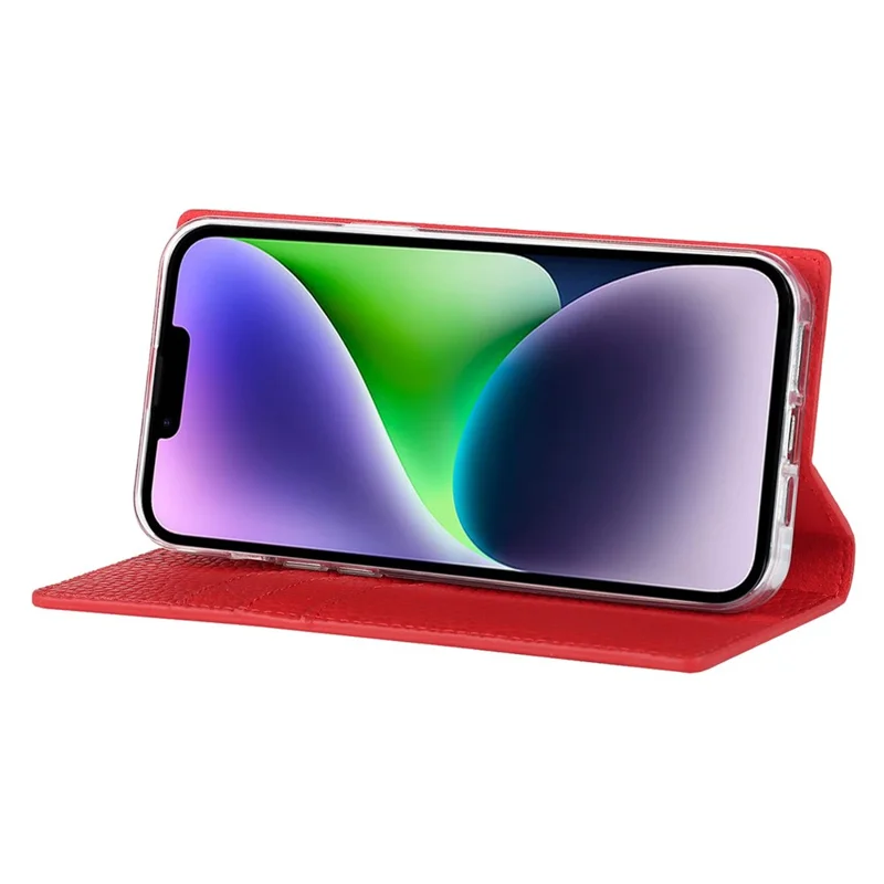 Cell Phone Case Wallet for iPhone 14 Plus, Litchi Texture Genuine Leather Stand RFID Blocking Auto-absorbed Protective Cover - Red