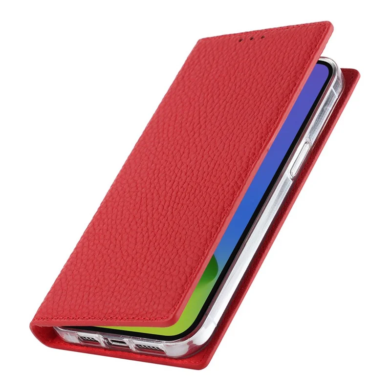 Cell Phone Case Wallet for iPhone 14 Plus, Litchi Texture Genuine Leather Stand RFID Blocking Auto-absorbed Protective Cover - Red
