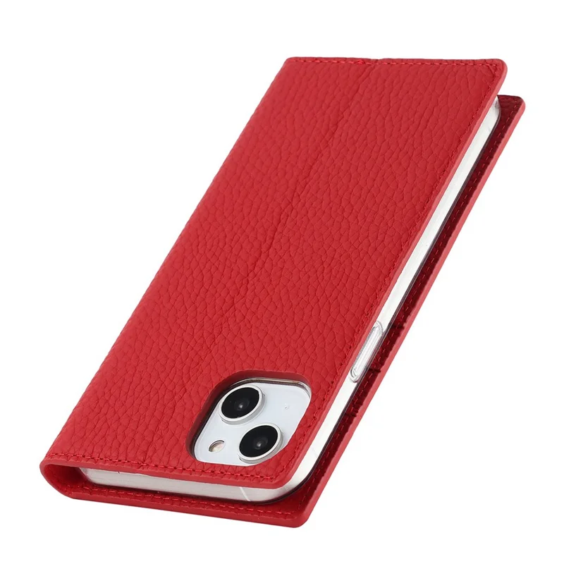 Cell Phone Case Wallet for iPhone 14 Plus, Litchi Texture Genuine Leather Stand RFID Blocking Auto-absorbed Protective Cover - Red