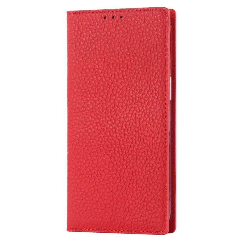 Cell Phone Case Wallet for iPhone 14 Plus, Litchi Texture Genuine Leather Stand RFID Blocking Auto-absorbed Protective Cover - Red