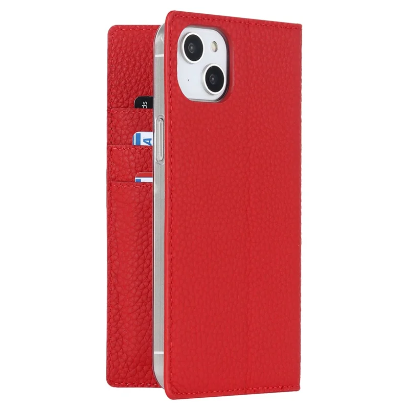 Cell Phone Case Wallet for iPhone 14 Plus, Litchi Texture Genuine Leather Stand RFID Blocking Auto-absorbed Protective Cover - Red