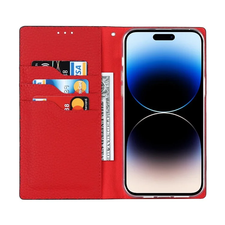 For iPhone 14 Pro Litchi Texture Genuine Leather RFID Blocking Card Slot Wallet Phone Case Stand Magnetic Phone Shell - Black