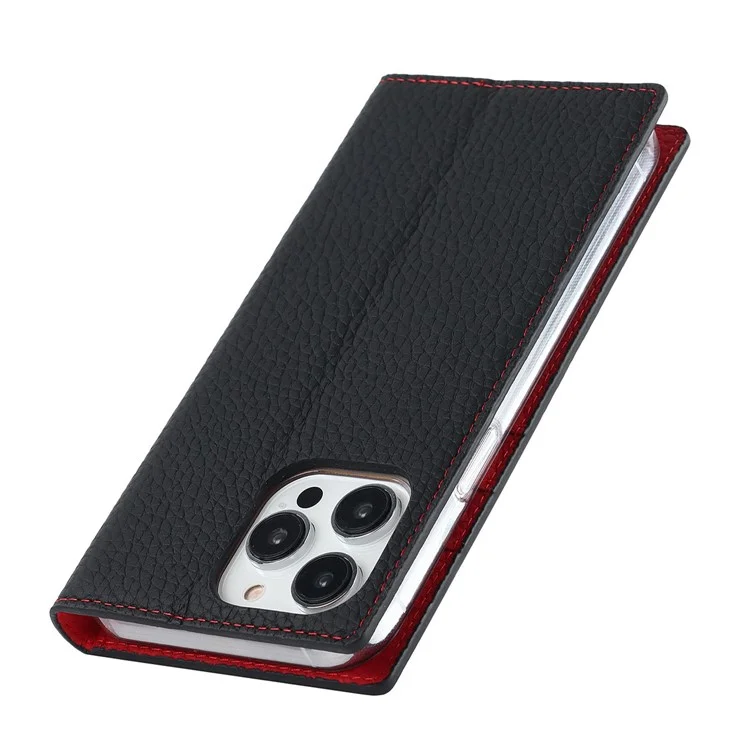 For iPhone 14 Pro Litchi Texture Genuine Leather RFID Blocking Card Slot Wallet Phone Case Stand Magnetic Phone Shell - Black