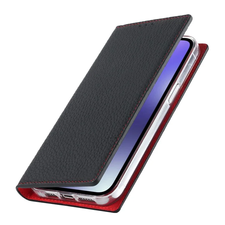 For iPhone 14 Pro Litchi Texture Genuine Leather RFID Blocking Card Slot Wallet Phone Case Stand Magnetic Phone Shell - Black