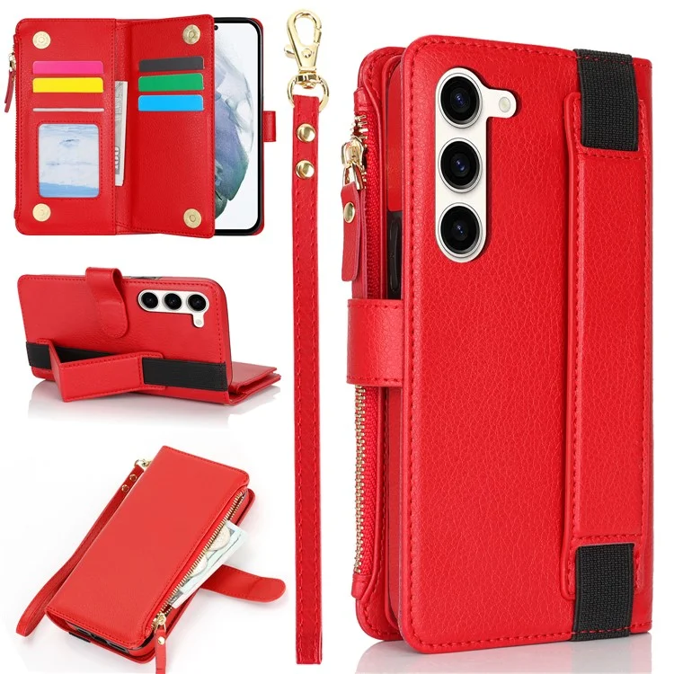 XL-001 For Samsung Galaxy S23+ Case Zipper Pocket Wristband Stand Leather Phone Cover - Red