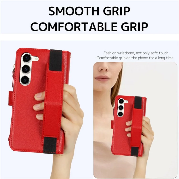 XL-001 For Samsung Galaxy S23+ Case Zipper Pocket Wristband Stand Leather Phone Cover - Red