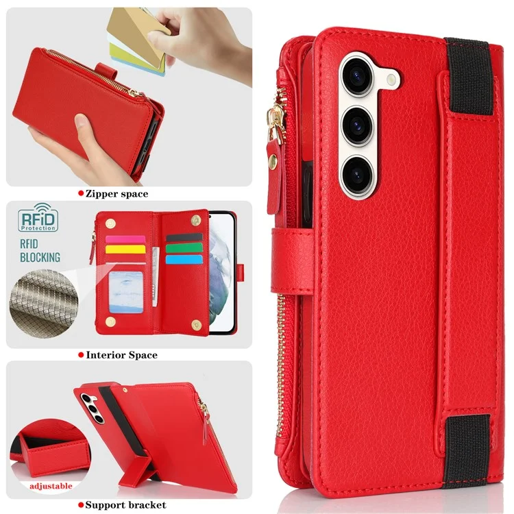 XL-001 For Samsung Galaxy S23+ Case Zipper Pocket Wristband Stand Leather Phone Cover - Red