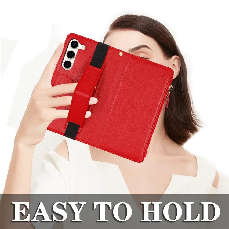 XL-001 For Samsung Galaxy S23+ Case Zipper Pocket Wristband Stand Leather Phone Cover - Red