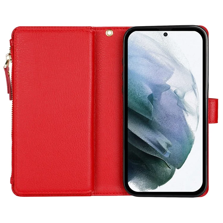 XL-001 For Samsung Galaxy S23+ Case Zipper Pocket Wristband Stand Leather Phone Cover - Red