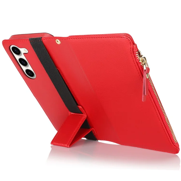 XL-001 For Samsung Galaxy S23+ Case Zipper Pocket Wristband Stand Leather Phone Cover - Red