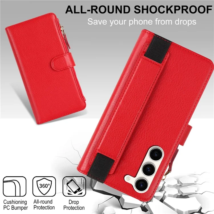 XL-001 For Samsung Galaxy S23+ Case Zipper Pocket Wristband Stand Leather Phone Cover - Red