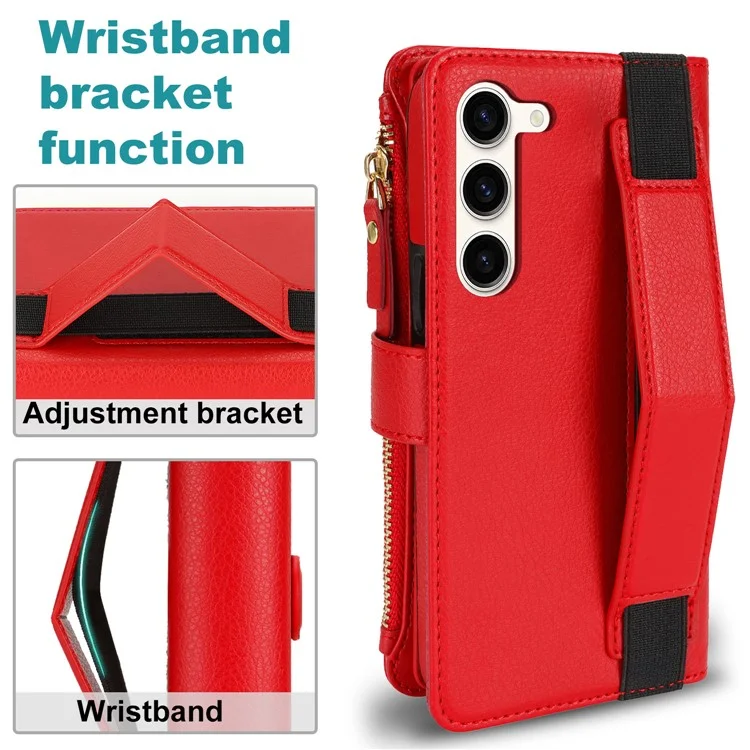 XL-001 For Samsung Galaxy S23+ Case Zipper Pocket Wristband Stand Leather Phone Cover - Red