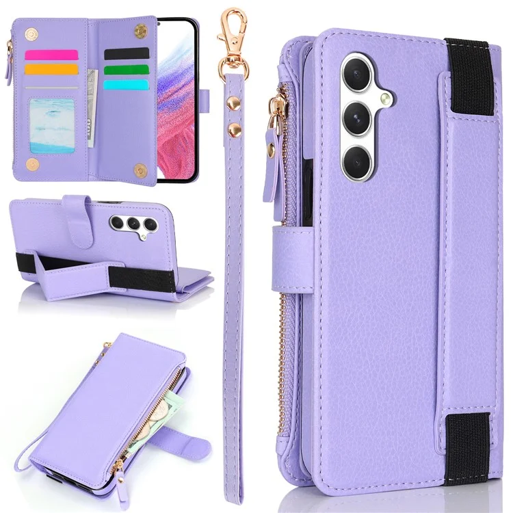 XL-001 Для Samsung Galaxy A15 4G / 5G Case Zipper Pocket Bristant Подставка Для Кожа - Фиолетовый