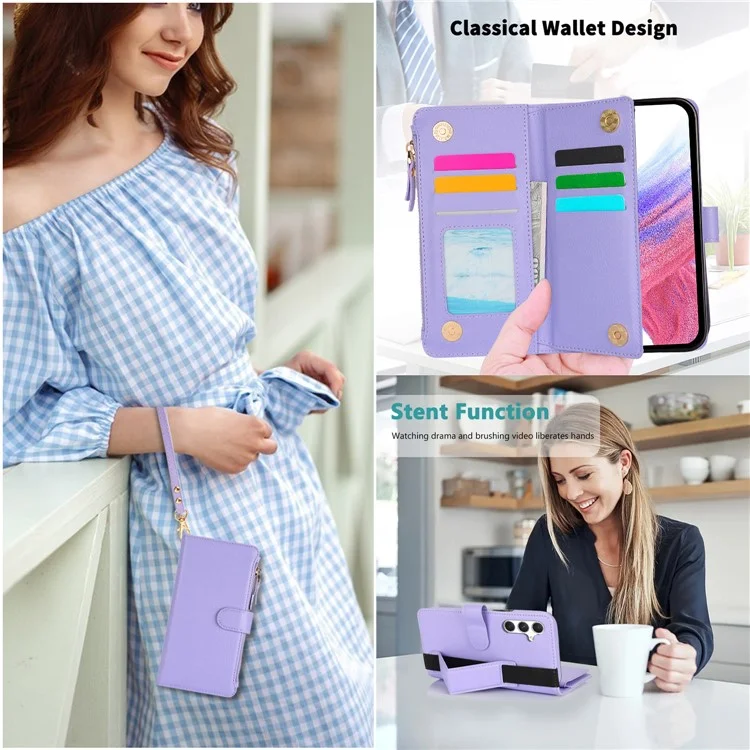 XL-001 Для Samsung Galaxy A15 4G / 5G Case Zipper Pocket Bristant Подставка Для Кожа - Фиолетовый