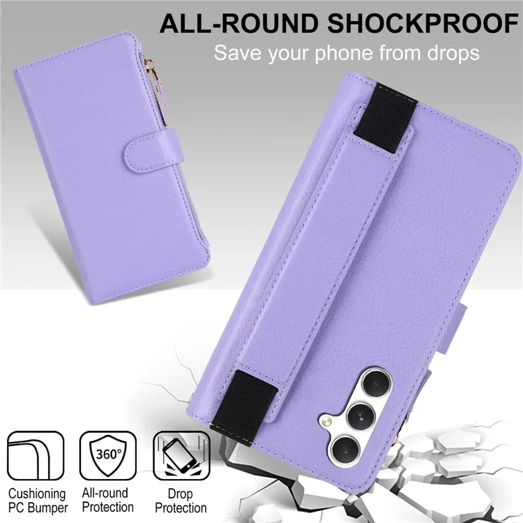 XL-001 Для Samsung Galaxy A15 4G / 5G Case Zipper Pocket Bristant Подставка Для Кожа - Фиолетовый