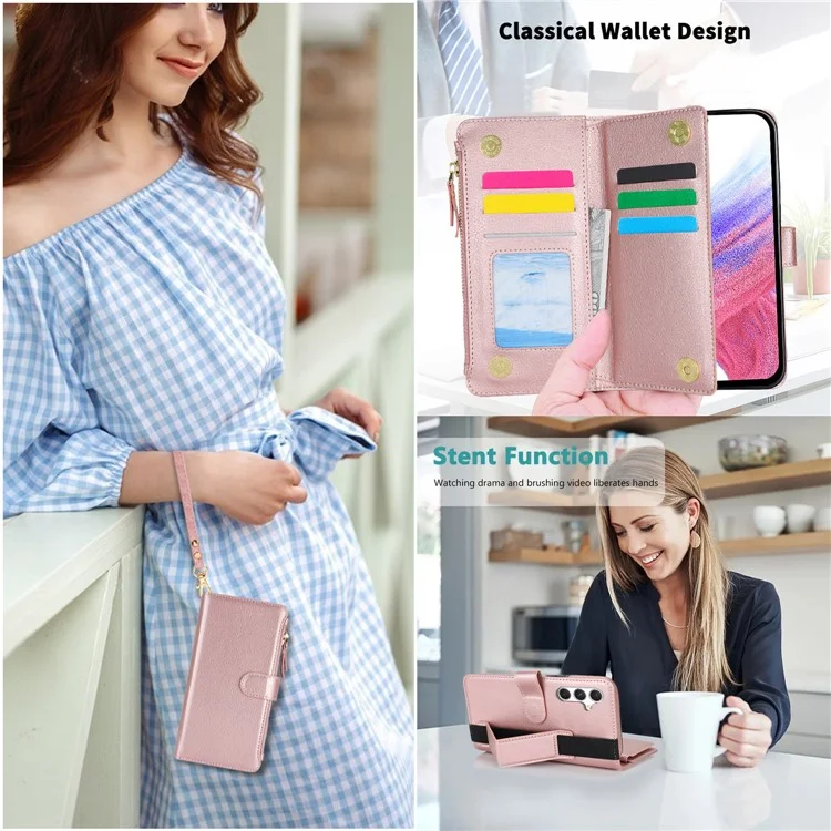 XL-001 Для Samsung Galaxy S24 Case Zipper Pocket Bristant Stand Cover Phone Cover - Розовый