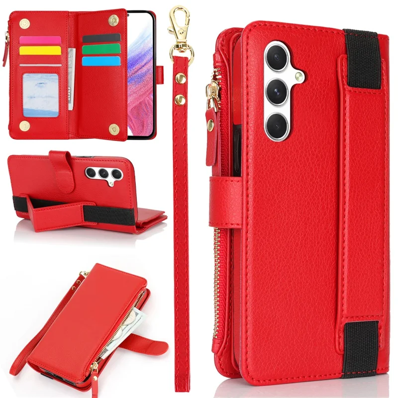 XL-001 For Samsung Galaxy S24+ Case Zipper Pocket Wristband Stand Leather Phone Cover - Red