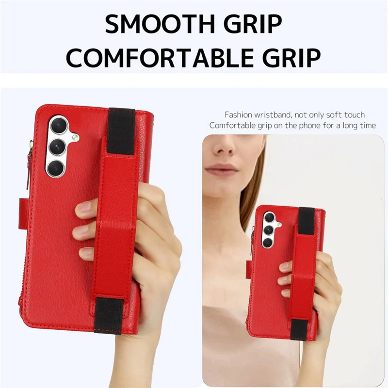 XL-001 For Samsung Galaxy S24+ Case Zipper Pocket Wristband Stand Leather Phone Cover - Red