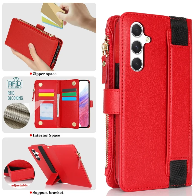 XL-001 For Samsung Galaxy S24+ Case Zipper Pocket Wristband Stand Leather Phone Cover - Red