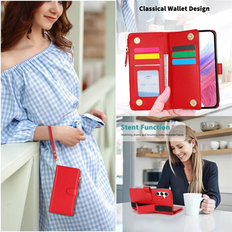 XL-001 For Samsung Galaxy S24+ Case Zipper Pocket Wristband Stand Leather Phone Cover - Red