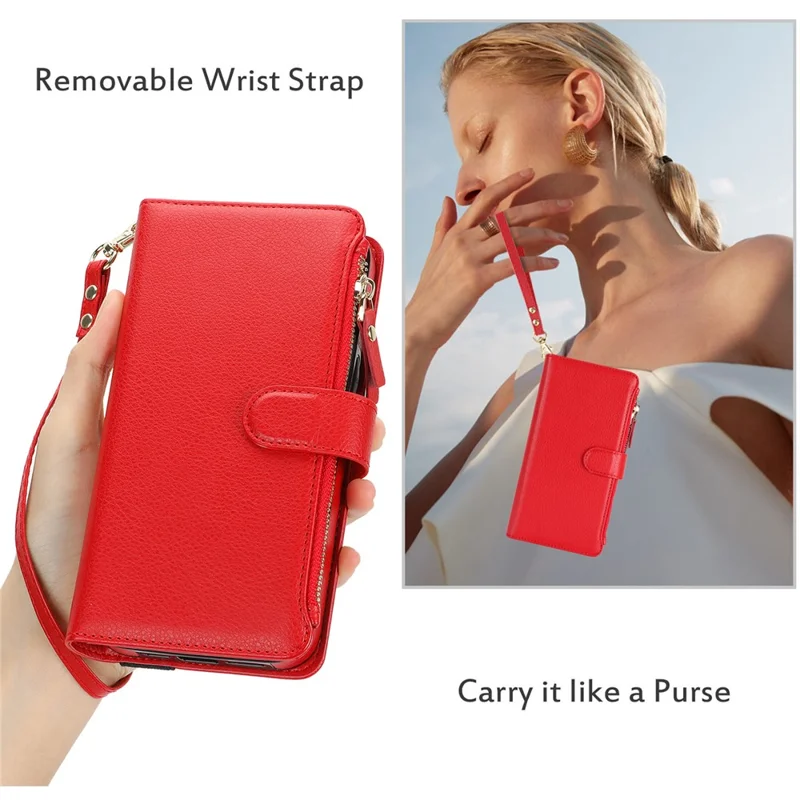 XL-001 For Samsung Galaxy S24+ Case Zipper Pocket Wristband Stand Leather Phone Cover - Red