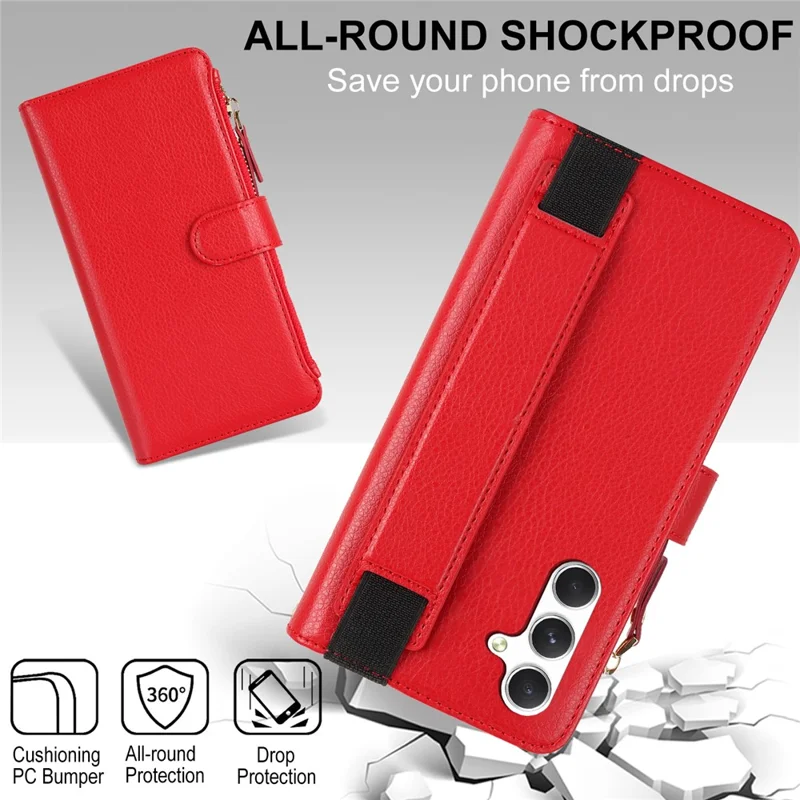 XL-001 For Samsung Galaxy S24+ Case Zipper Pocket Wristband Stand Leather Phone Cover - Red