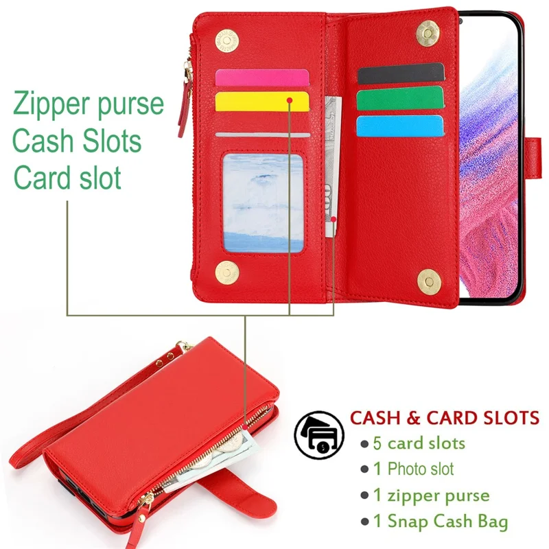 XL-001 For Samsung Galaxy S24+ Case Zipper Pocket Wristband Stand Leather Phone Cover - Red