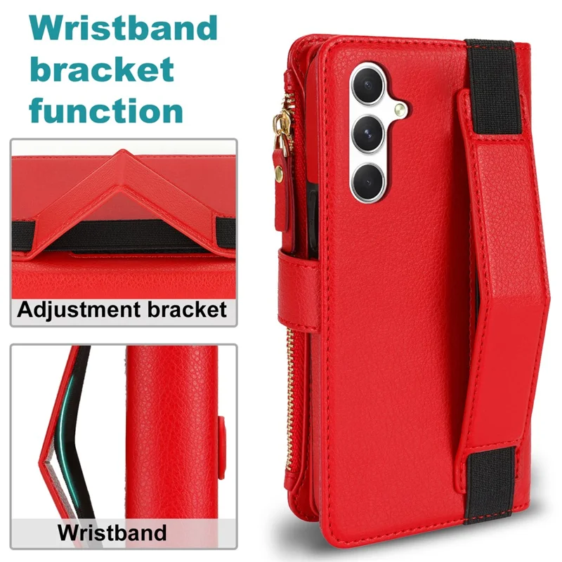 XL-001 For Samsung Galaxy S24+ Case Zipper Pocket Wristband Stand Leather Phone Cover - Red