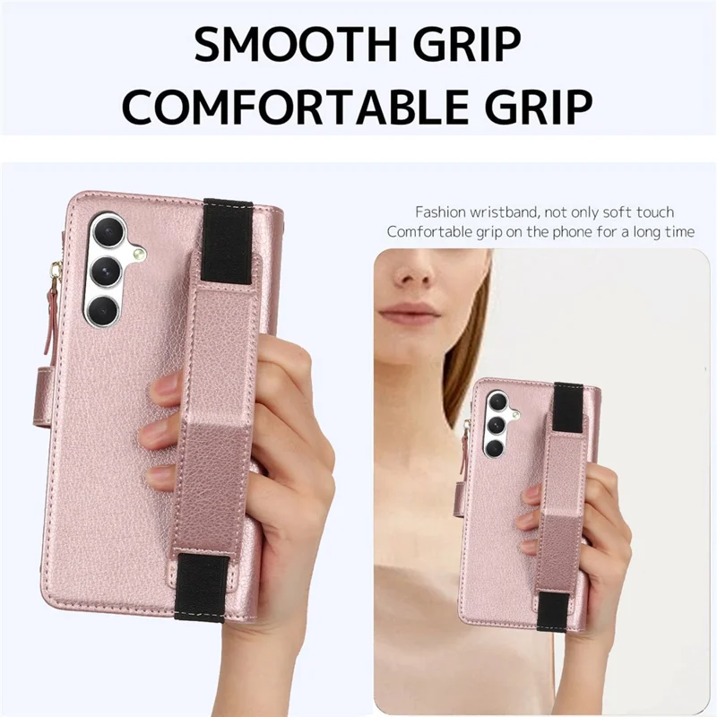 XL-001 For Samsung Galaxy S24+ Case Zipper Pocket Wristband Stand Leather Phone Cover - Pink