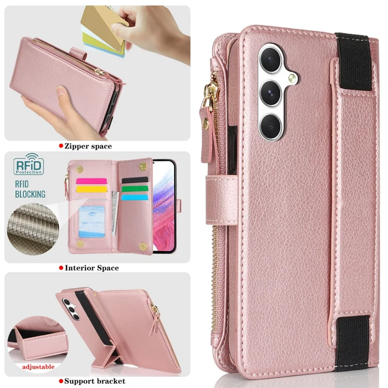 XL-001 For Samsung Galaxy S24+ Case Zipper Pocket Wristband Stand Leather Phone Cover - Pink