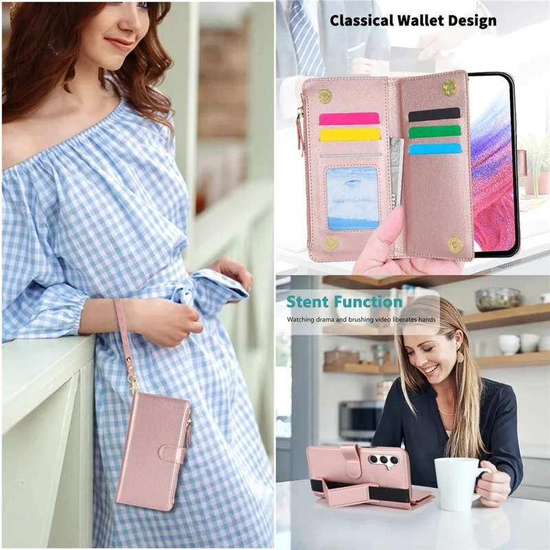 XL-001 For Samsung Galaxy S24+ Case Zipper Pocket Wristband Stand Leather Phone Cover - Pink