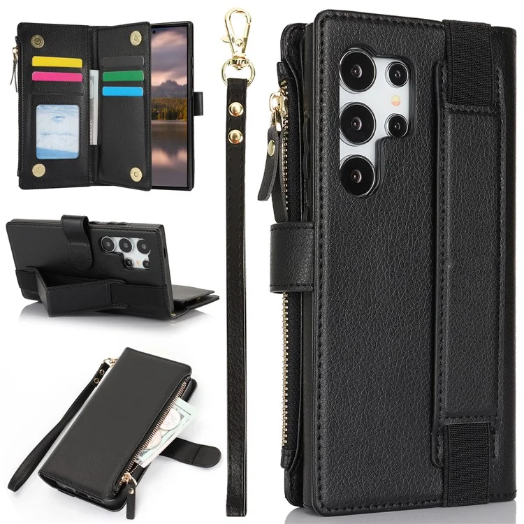 XL-001 Per Samsung Galaxy S24 Ultra Case Zipper Pocket Wristband Stand Leather Phone Cover - Nero