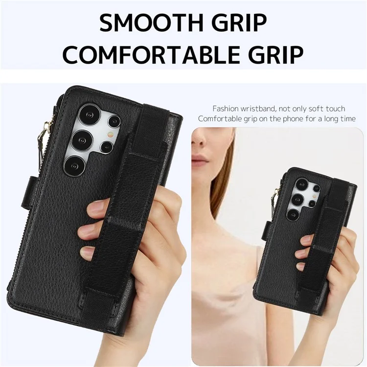 XL-001 Per Samsung Galaxy S24 Ultra Case Zipper Pocket Wristband Stand Leather Phone Cover - Nero