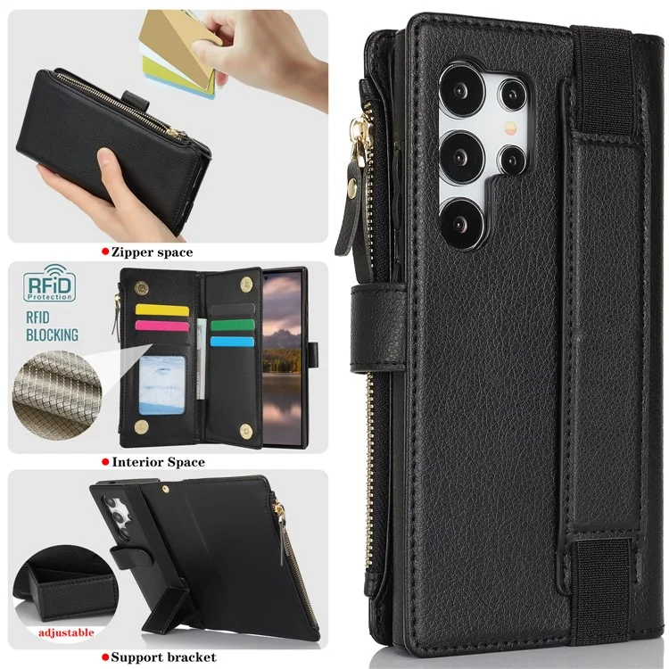 XL-001 Per Samsung Galaxy S24 Ultra Case Zipper Pocket Wristband Stand Leather Phone Cover - Nero