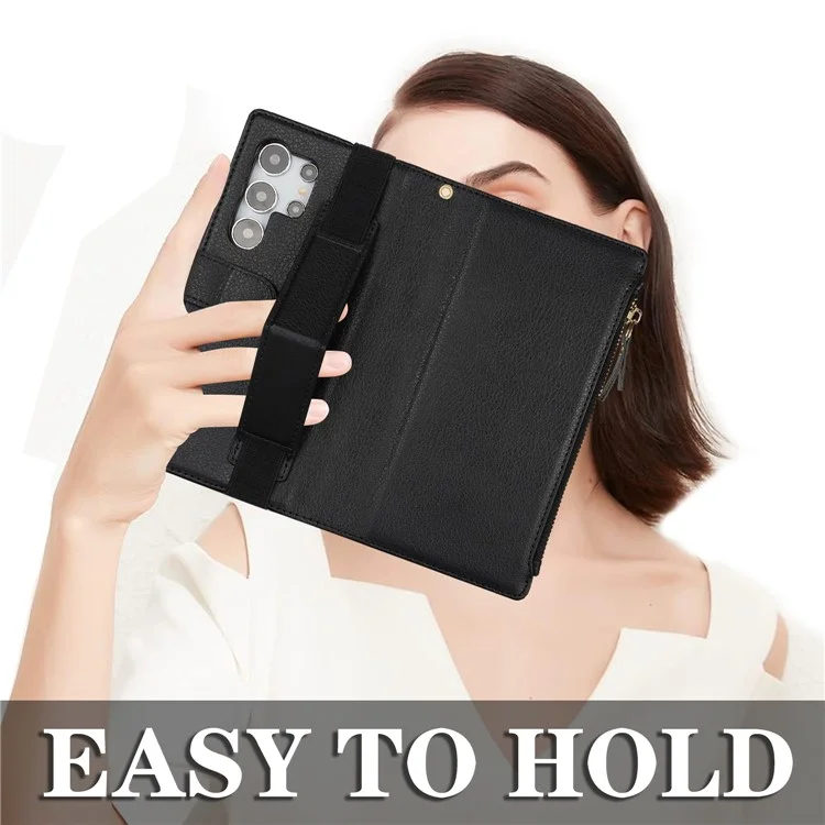 XL-001 Per Samsung Galaxy S24 Ultra Case Zipper Pocket Wristband Stand Leather Phone Cover - Nero