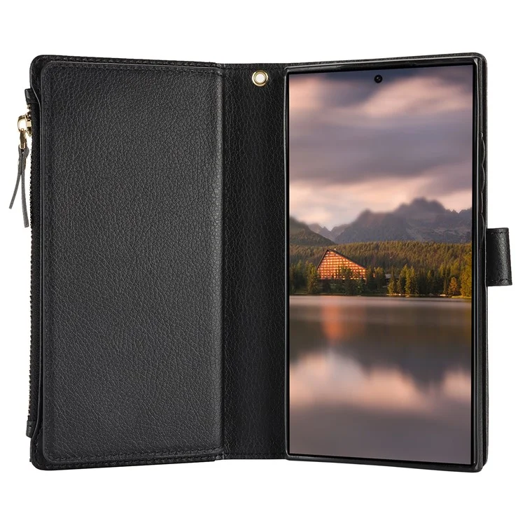 XL-001 Per Samsung Galaxy S24 Ultra Case Zipper Pocket Wristband Stand Leather Phone Cover - Nero