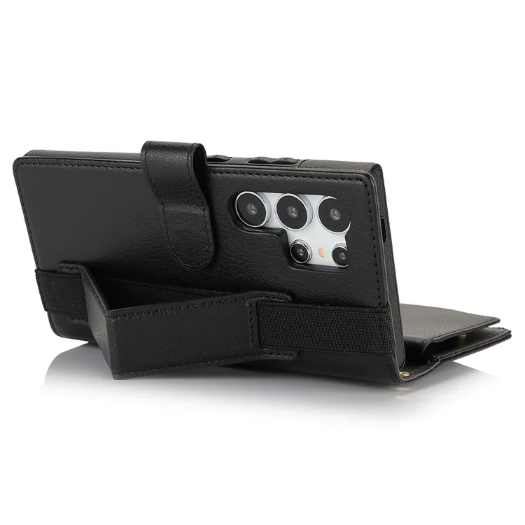 XL-001 Per Samsung Galaxy S24 Ultra Case Zipper Pocket Wristband Stand Leather Phone Cover - Nero