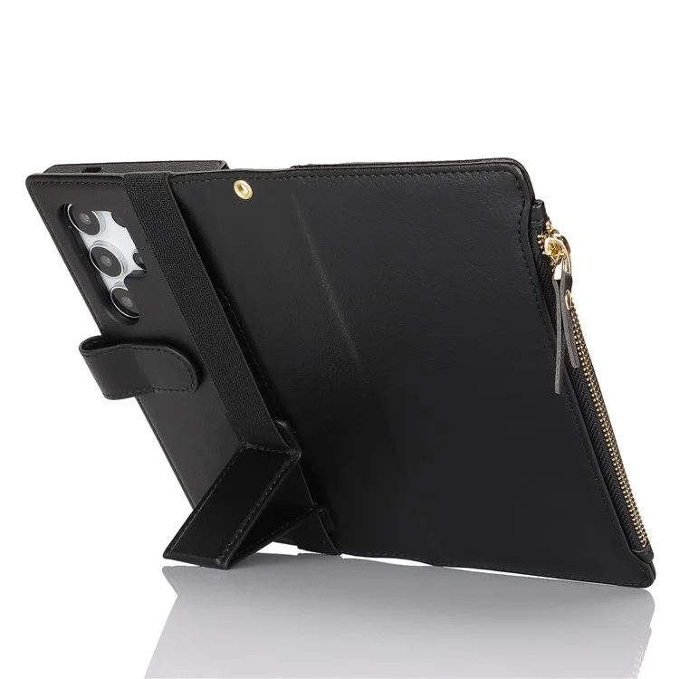 XL-001 Per Samsung Galaxy S24 Ultra Case Zipper Pocket Wristband Stand Leather Phone Cover - Nero