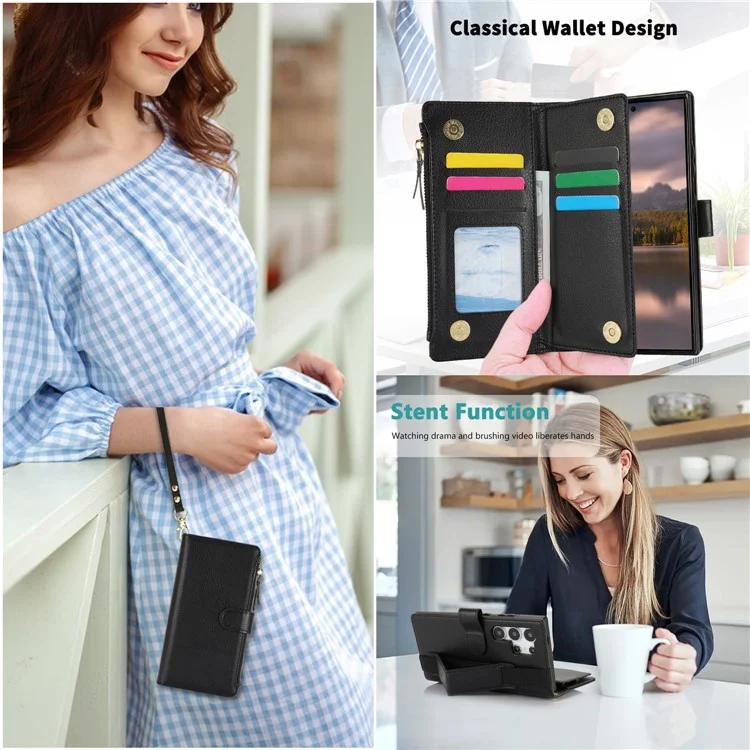 XL-001 Per Samsung Galaxy S24 Ultra Case Zipper Pocket Wristband Stand Leather Phone Cover - Nero